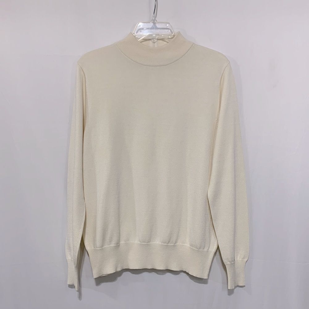 BLEYLE silk mockneck long sleeve sweater top zip back ribbed cuff and hemline